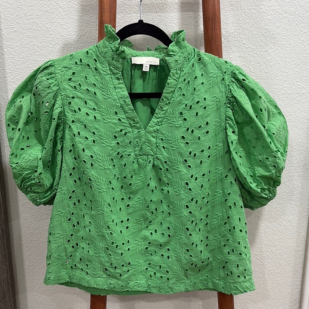 Green Puff Sleeve Blouse with Ruffled Mandarin Collar